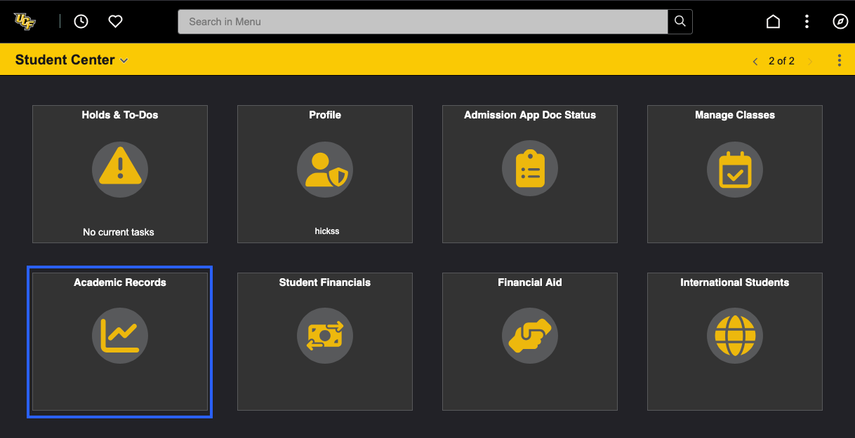 Screenshot of a university Student Center dashboard with tiles for academic records, profile, student financials, financial aid, and more. The Academic Records tile is highlighted with a blue box.