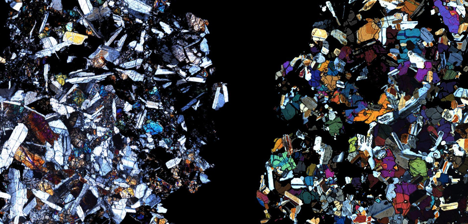 A polarized light microscope image showing a contrast between crystalline structures on the left and a more colorful, granular composition on the right, divided by a black space in the center.