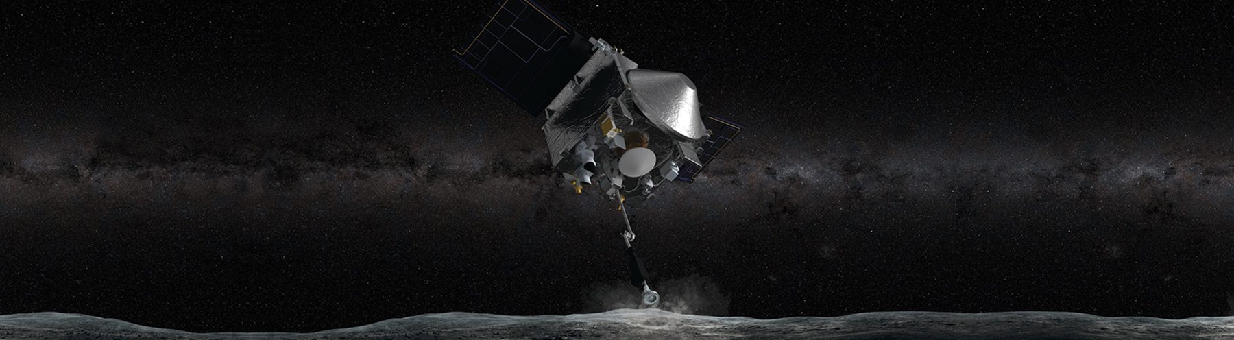 A spacecraft performing a sample collection maneuver on the surface of an asteroid against a star-filled background.