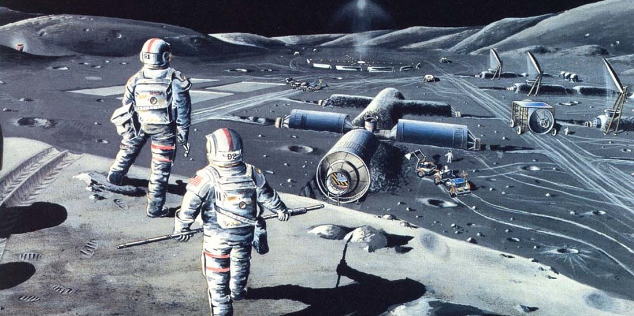 Two astronauts in spacesuits explore a moon base with various structures and vehicles under a dark sky with stars.