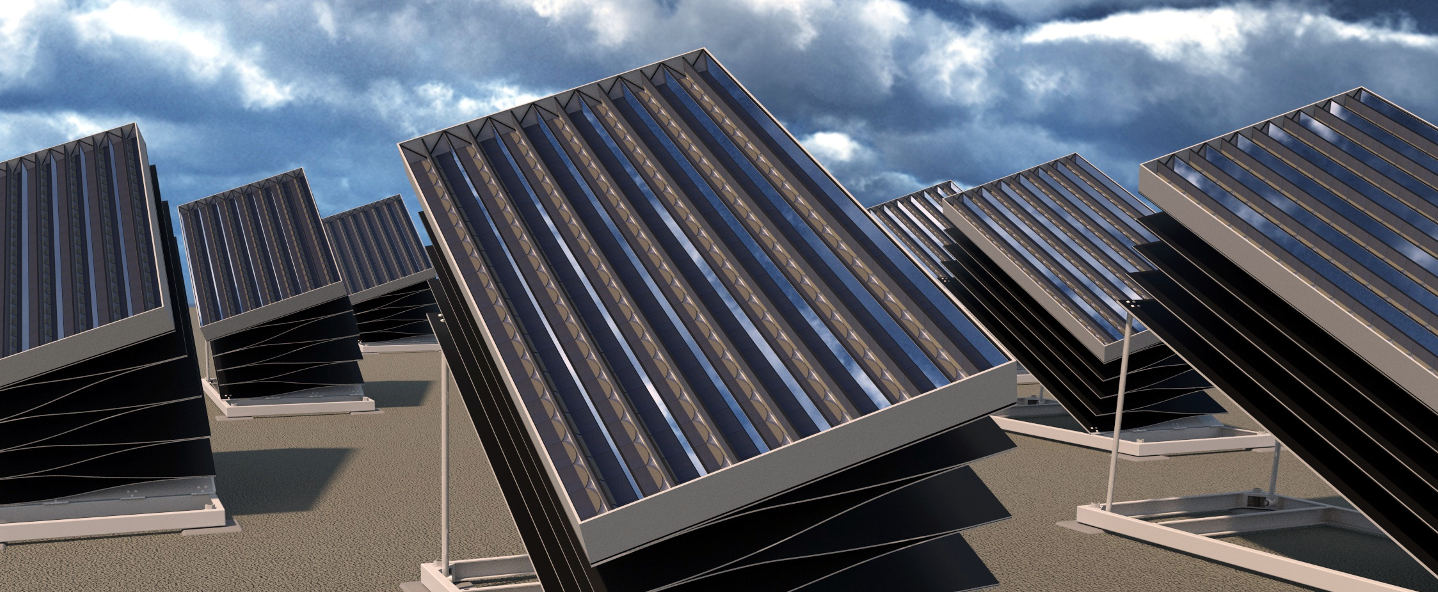 Several solar panel installations are angled towards the sky, capturing sunlight against a backdrop of clouds.