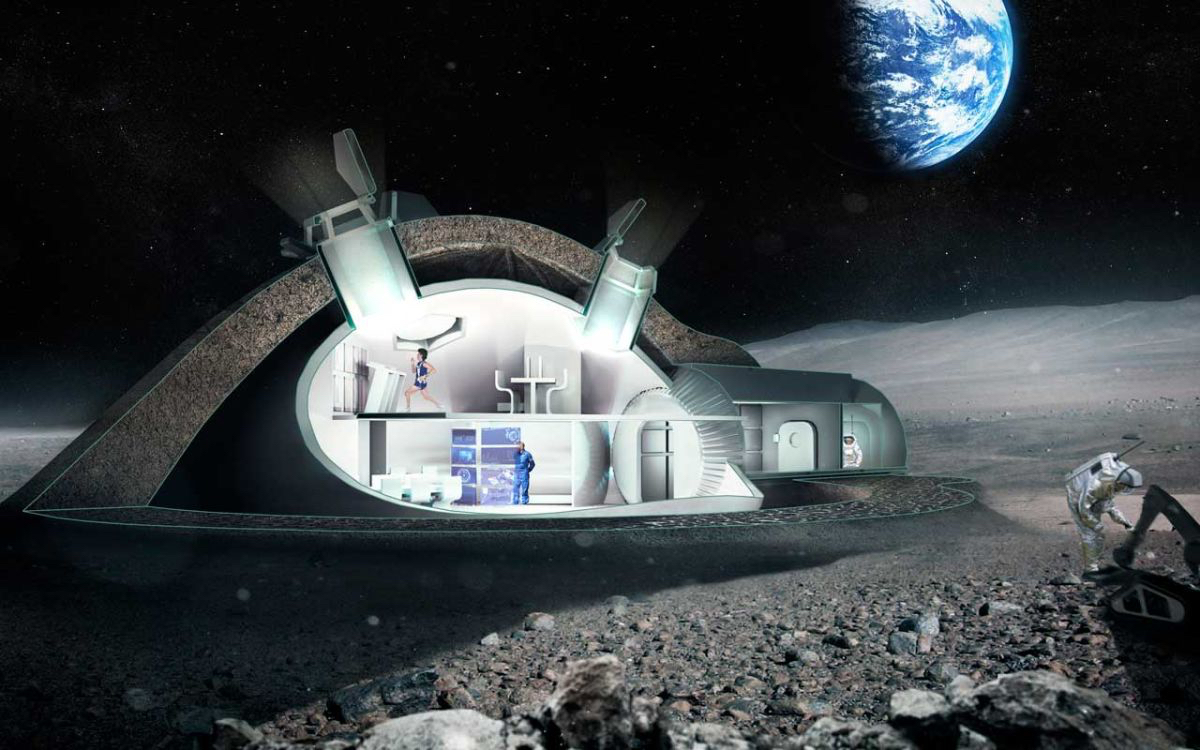 Futuristic lunar habitat cutaway reveals interior with astronauts inside. Earth is visible in the sky, and a robot operates outside on the rocky moon surface.