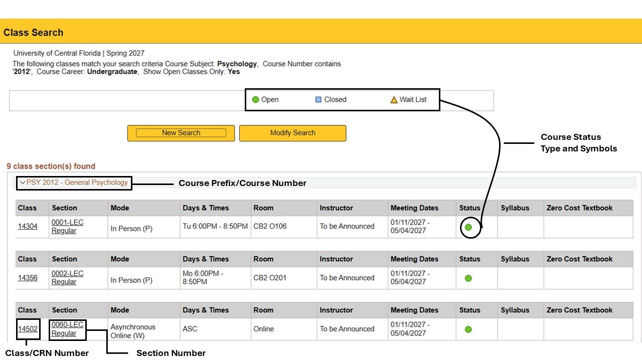 Screenshot of a university course search page showing class sections for General Psychology, with details on status, mode, days, times, and meeting locations for each section.