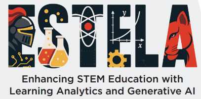 Text "ESTELA" with STEM-themed illustrations inside each letter, above the phrase "Enhancing STEM Education with Learning Analytics and Generative AI.