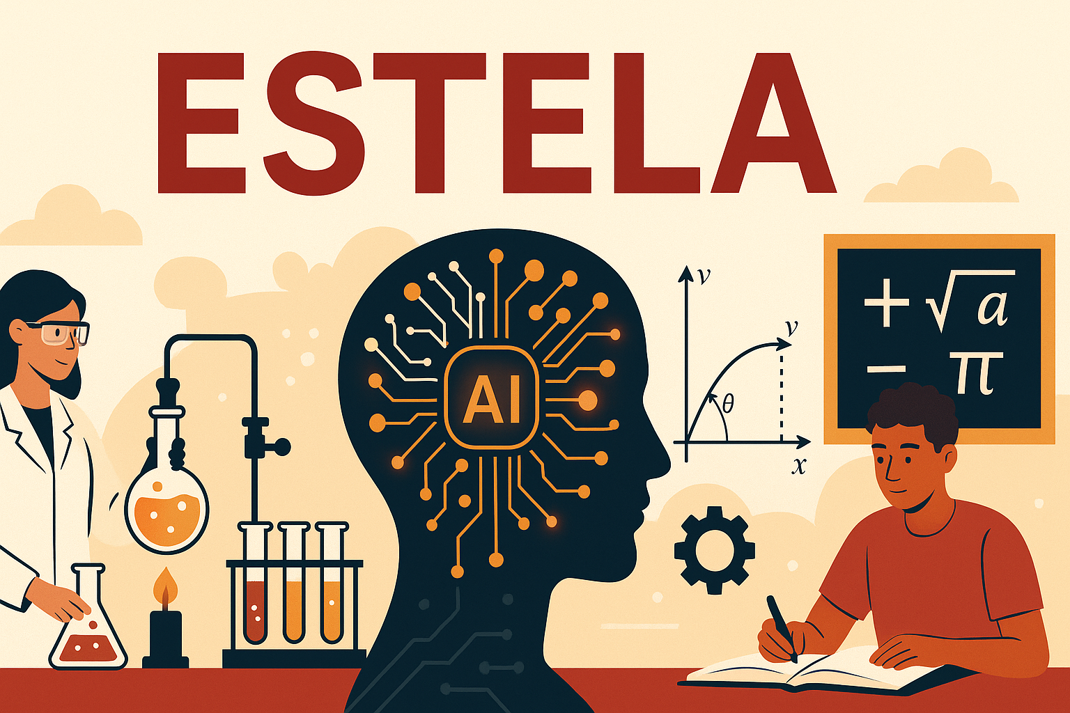 Illustration with the word "ESTELA" above images of a scientist, laboratory equipment, a student writing, a chalkboard with math symbols, and a silhouette head with "AI" circuitry.