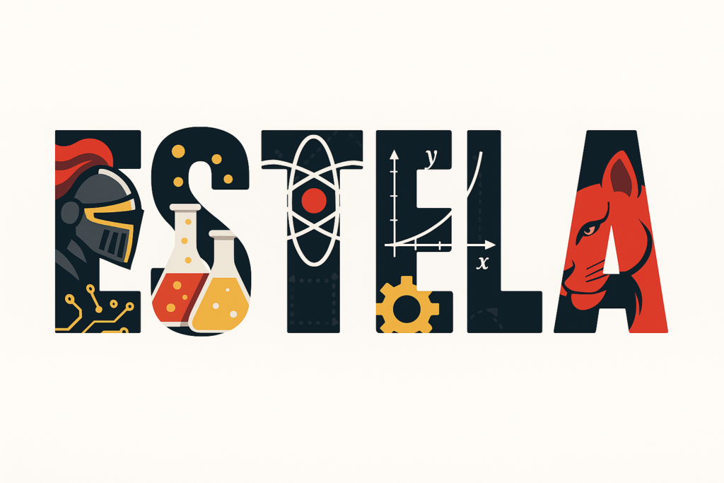 The word "ESTELA" is illustrated with science, math, and technology symbols, a knight's helmet, and a red feline face integrated into the letter shapes.