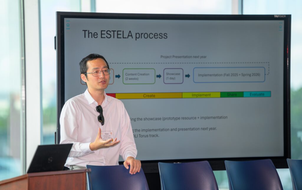 A man in a white shirt presents at a podium in front of a screen displaying a project timeline labeled "The ESTELA process.