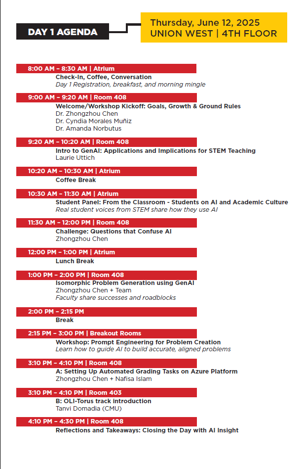 Day 1 conference agenda with sessions on STEM teaching, AI in education, and hands-on AI tools, scheduled from 8:00 AM to 4:40 PM on Thursday, June 12, 2025.