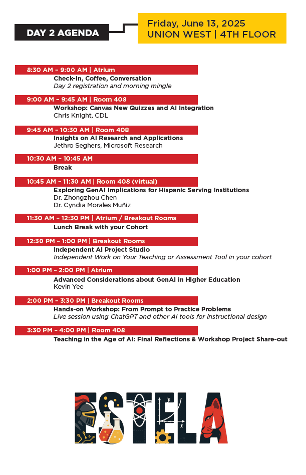Day 2 agenda for ESTELA event on June 13, 2025, showing session times, topics, and speakers, with breaks and lunch indicated, held at Union West, 4th floor.