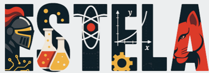 The word "ESTELA" illustrated with science and technology symbols, including a knight, atom, lab flasks, mathematical graph, gear, and a red panther head.