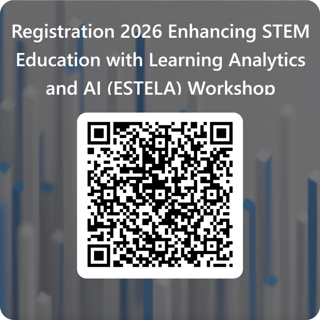 A QR code for registration to the 2026 Enhancing STEM Education with Learning Analytics and AI (ESTELA) Workshop, with text on a gray background.