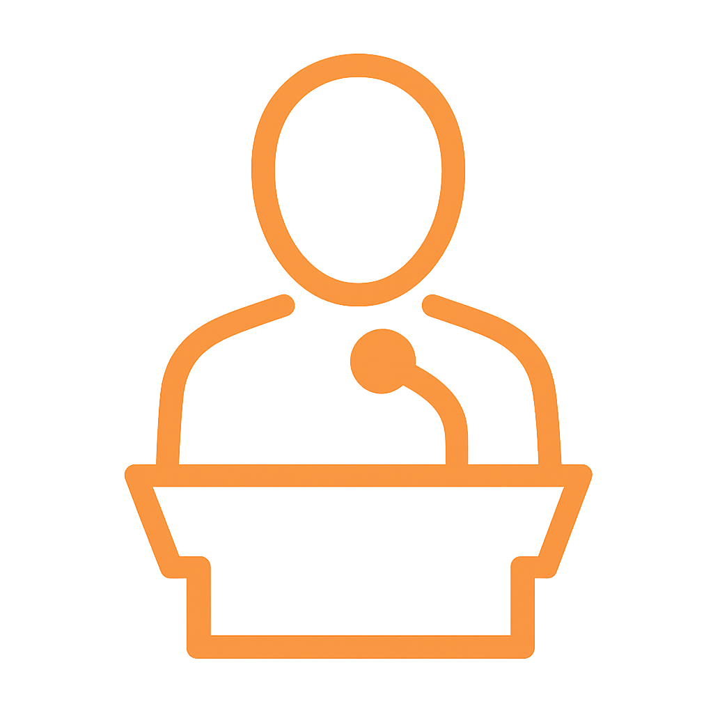 Orange outline of a person standing behind a podium with a microphone, set against a plain light background.