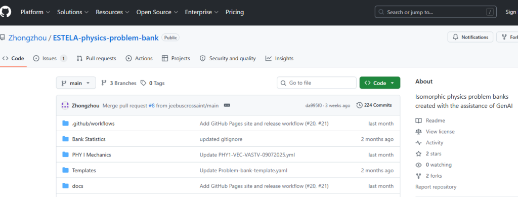 Screenshot of a GitHub repository named "ESTELA-physics-problem-bank" showing files and folders, recent updates, and navigation tabs.