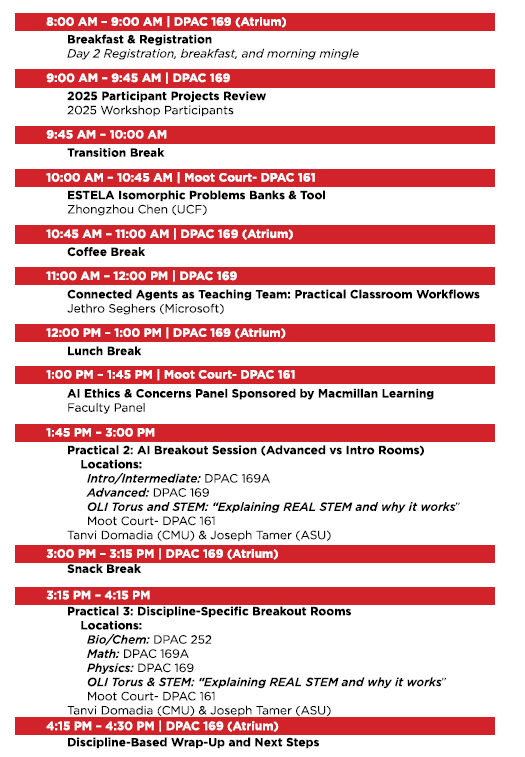 View the conference program for a detailed schedule listing session times, topics, speaker names, and room locations in a striking red, black, and white color scheme.