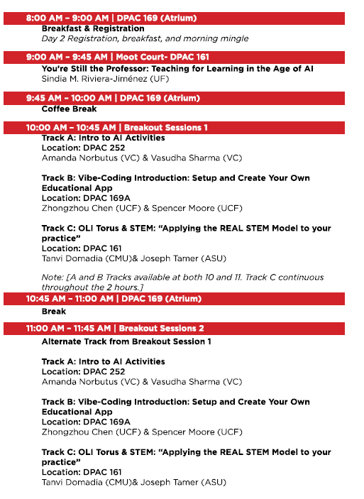 Explore the Conference Program featuring a detailed schedule of breakfast, keynote, coffee break, and breakout sessions with locations and speakers, all organized in time slots from 8:00 AM to 11:00 AM.