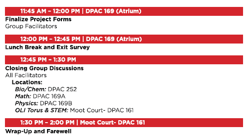 Conference Program schedule showing event times, locations, and activities including group forms, lunch, subject-based group discussions, and a wrap-up session in various DPAC rooms.