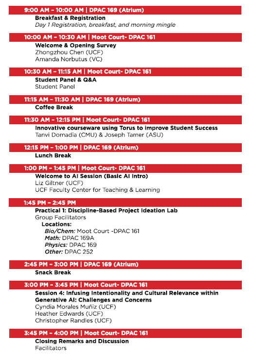 Conference Program features an event schedule with time slots, session titles, speakers, locations, lunch and coffee breaks, and closing remarks—all presented in a red and white format.