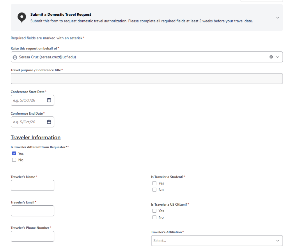 Online form for submitting a domestic travel request, including fields for conference details and traveler information.