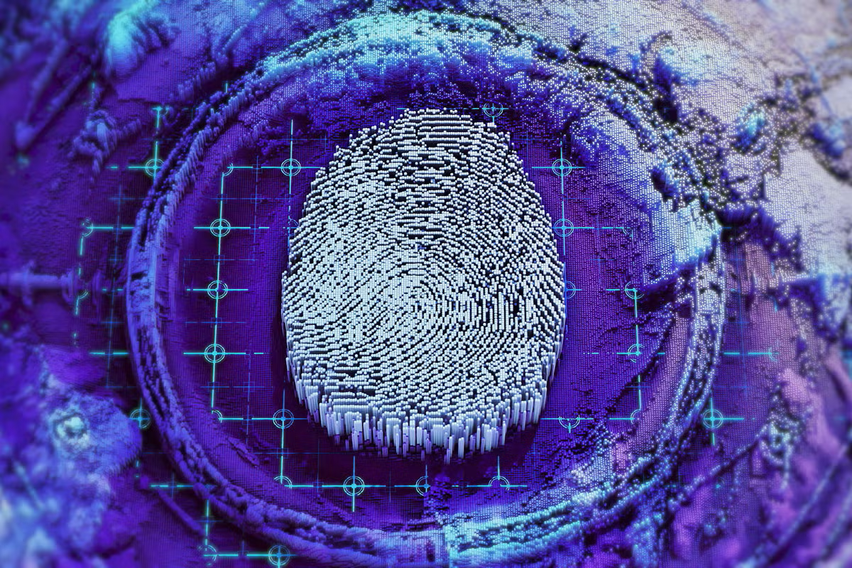A digital fingerprint made of 3D blocks is centered on a blue, textured surface with grid and target overlay, suggesting biometric technology or security.