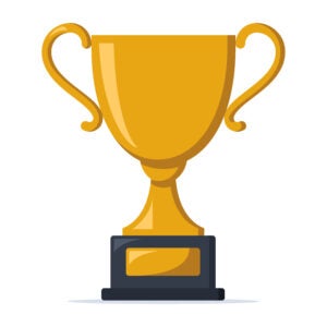 A gold trophy with two handles and a black base, displayed on a white background.