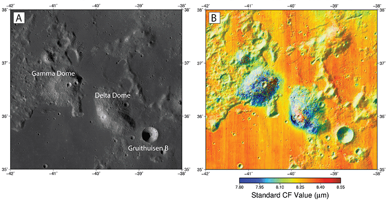 Visible light map of Gruithuisen Domes compared to Infrared CF Map