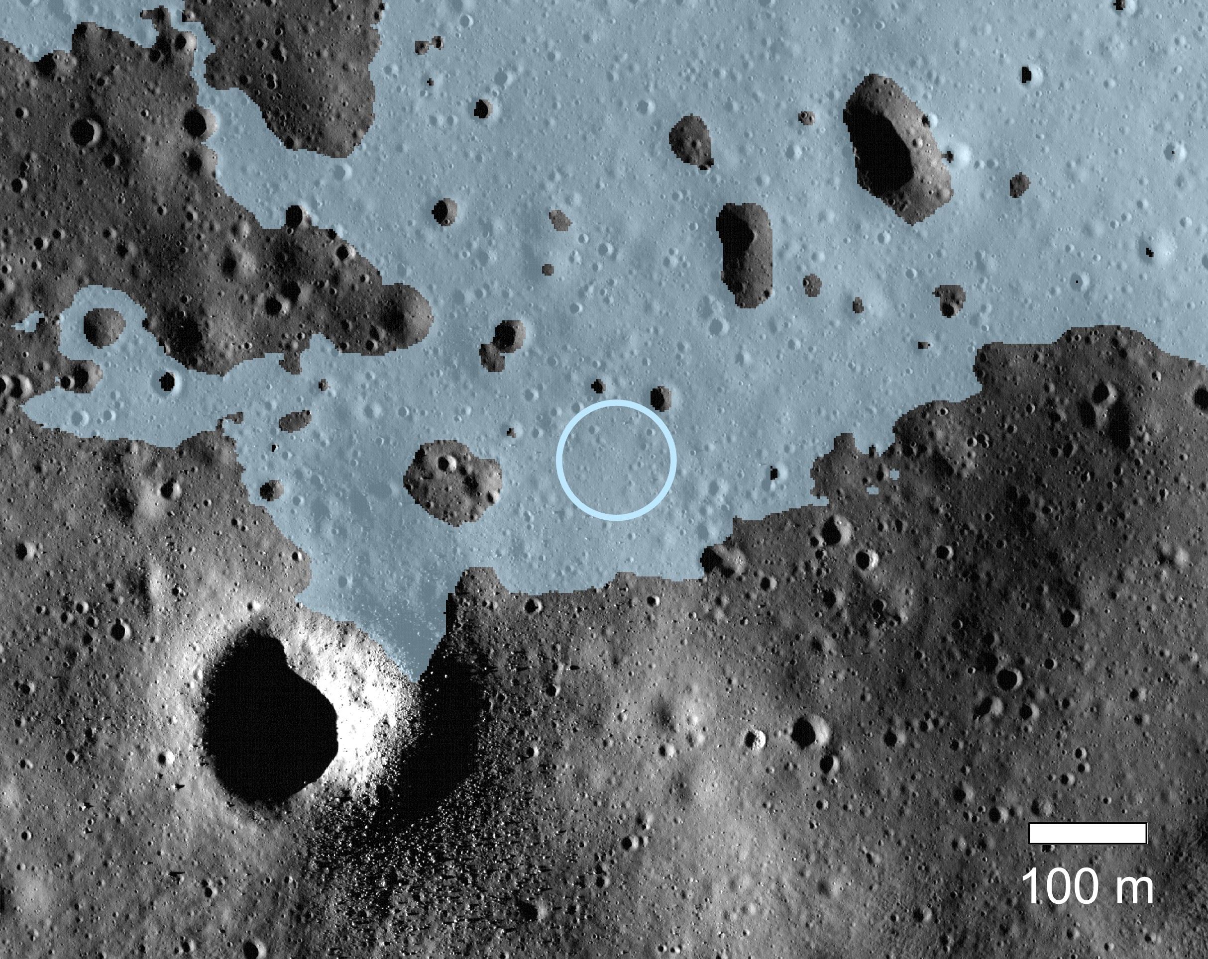 Lunar VISE Landing Site with rover line-of-sight region highlighted