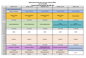 A detailed schedule for the Mathematical Exploration Summer Institute from July 15-19, 2024, outlining daily events including check-ins, classes, lab hours, meals, and a concluding presentation/closing ceremony.