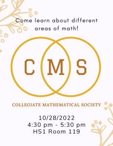 Poster for a Collegiate Mathematical Society event on 10/28/2022 from 4:30 pm to 5:30 pm in HS1 Room 119, promoting learning about different areas of math.