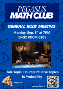 Flyer for Pegasus Math Club meeting on Sep. 8 at 7 PM in ENG2 Room 0205; topic: Counterintuitive Topics in Probability; includes a poker scene image and free pizza announcement.