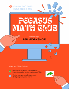 A computer screen displays "Pegasus Math Club is hosting a REU workshop" with event details; hands interact with the screen and text outlines workshop activities.