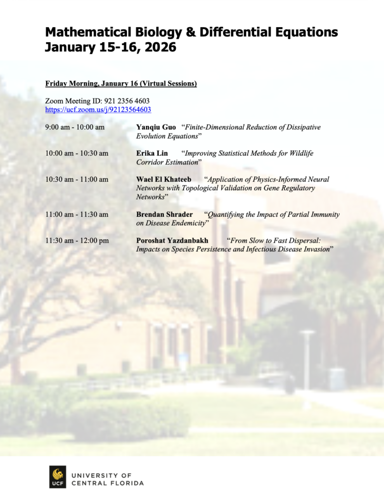 Schedule for Mathematical Biology & Differential Equations event on January 15-16, 2026 at UCF, listing virtual sessions and speakers for Friday morning, January 16.