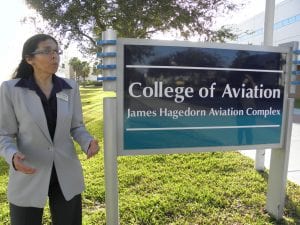 Haydee Cuevas explaining the history of the College of Aviation. 
