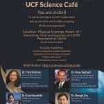 Promotional poster for ucf college of sciences café event with guest speakers, date/time/location details, and images of four researchers.