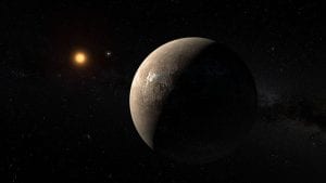 Artist’s impression of the exoplanet Proxima Centauri b. The Alpha Centauri binary system can be seen in the background. (Credit: ESO/M. Kornmesser)