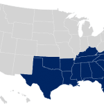 Map of the united states showing southern states highlighted in blue.