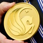 Close-up of a hand holding a gold medal with an embossed design of a flame and a star, hanging on a striped ribbon.