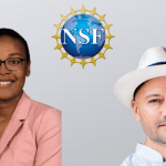 A woman and a man smiling, flanking the nsf (national science foundation) logo, against a gray background. the woman wears glasses and a pink suit; the man wears a white hat.