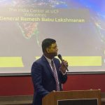 Consul General Shri Ramesh Babu Lakshmanan presents a speech on U.S. and India partnerships in education on Monday in the UCF Global building.