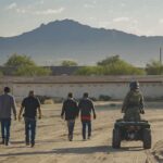 Four people walk across a desert landscape followed by a person on an ATV, with a mountain visible in the background.