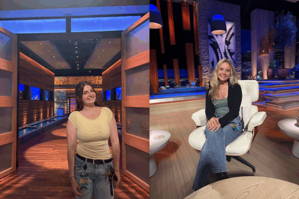 Two women are shown separately: one standing in a hallway set with blue and orange lighting, the other sitting and smiling on a modern TV studio stage.