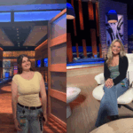Two women are shown separately: one standing in a hallway set with blue and orange lighting, the other sitting and smiling on a modern TV studio stage.