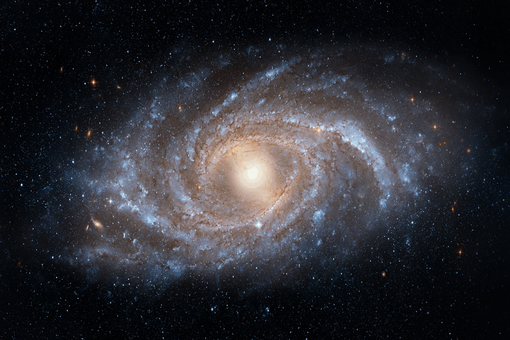 A spiral galaxy with bright central core and arms filled with stars, dust, and gas, set against a backdrop of deep space.