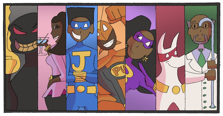 A group of seven cartoon superheroes and villains pose in vertical panels, each displaying distinct costumes and expressions.