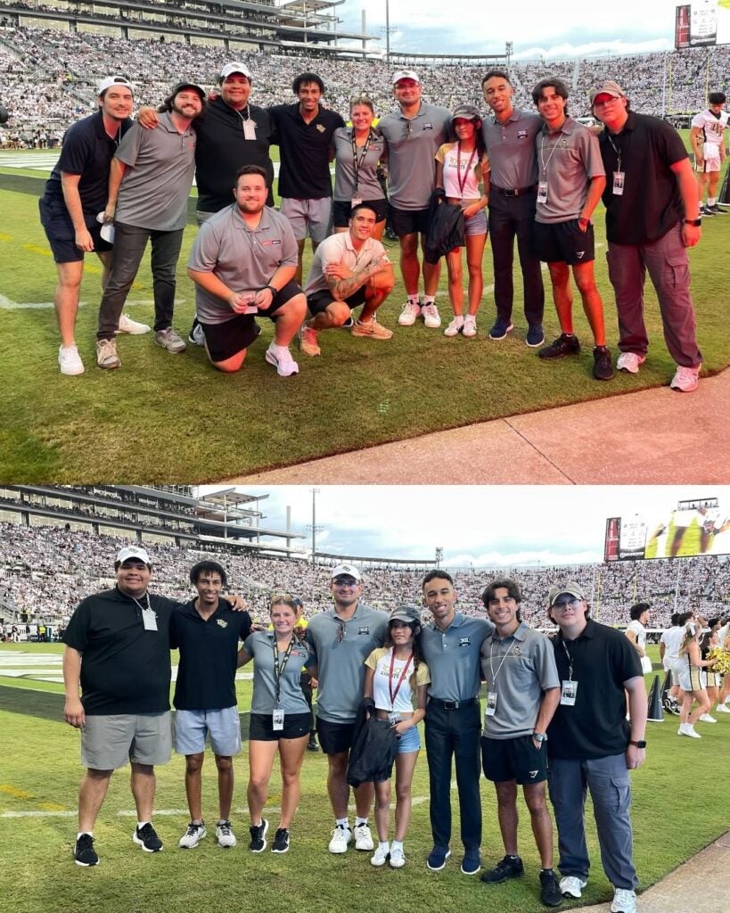 Two group photos of people standing and kneeling on the sidelines of a football field during a game, with stadium seats and crowds visible in the background.