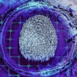 A digital rendering of a fingerprint with a 3D effect, surrounded by grid lines and concentric circles on a blue and purple background.