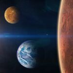 Four planets, including Earth, are visible in space with the Sun shining in the background and a bright horizontal lens flare crossing the image.