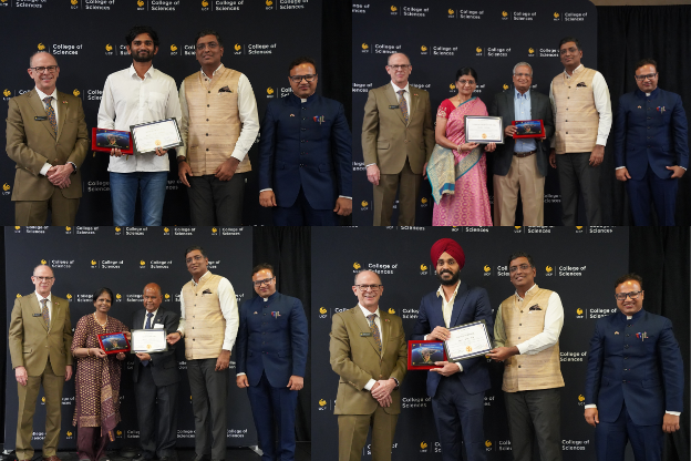 A collage of four photos shows groups of people standing in front of a “College of Sciences” backdrop, holding award plaques and certificates, dressed in formal attire.