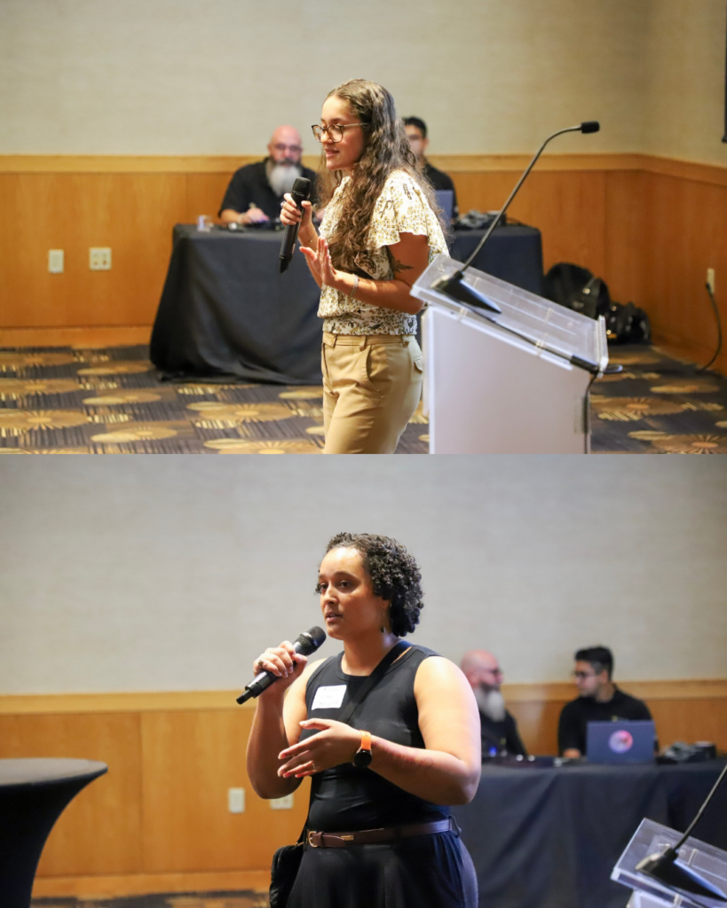 Two women giving presentations at a conference, each speaking into a microphone while standing at a podium.