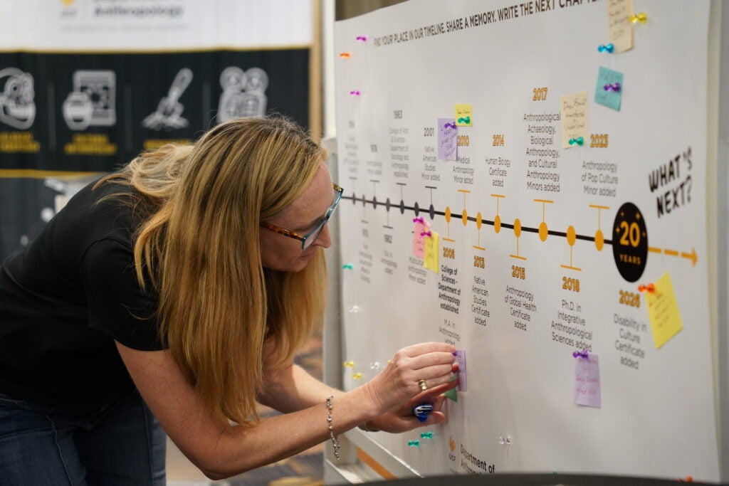 A woman places a sticky note on a timeline poster detailing the history of an anthropology department.