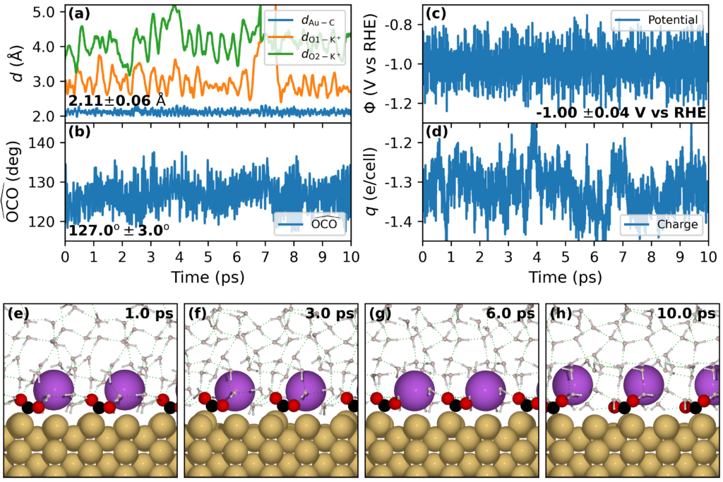 Line graphs of molecular dynamics data and a series of molecular simulation snapshots showing changes at a surface over time, with corresponding potential and charge measurements.